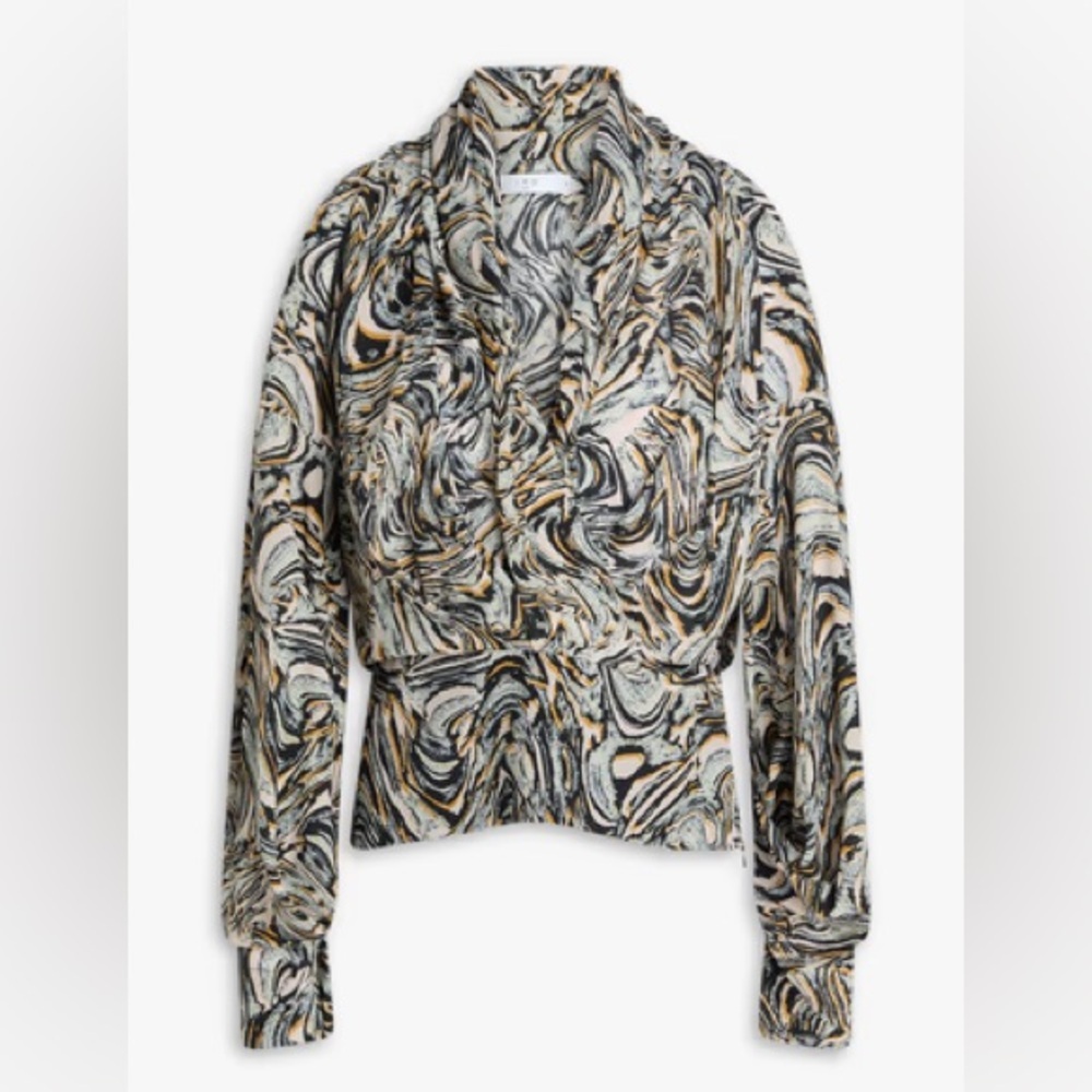 IRO Paris 100% Silk Marble Abstract Cold Shoulder Blouse Size 40